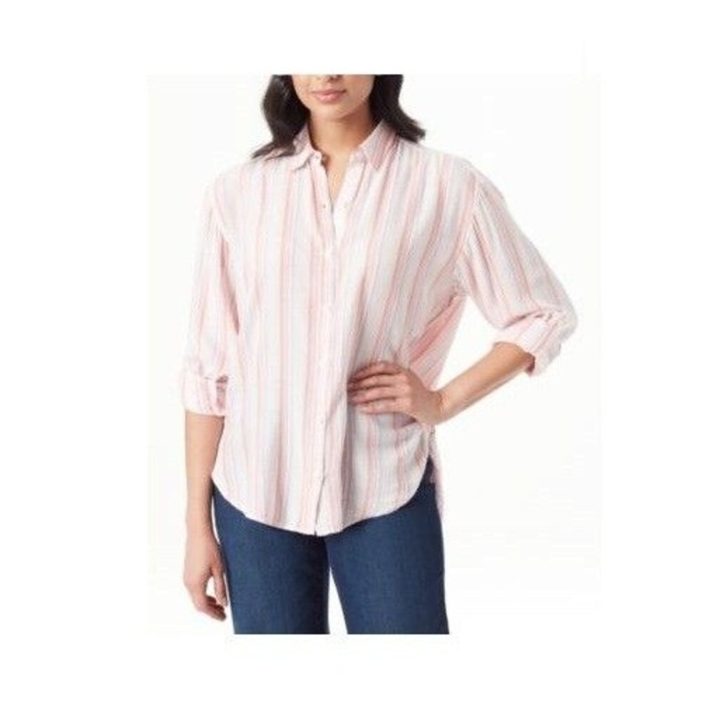 Gloria Vanderbilt Womens L Pink Dogwood Stripe Button Up Long Sleeve Top NWTCJ35